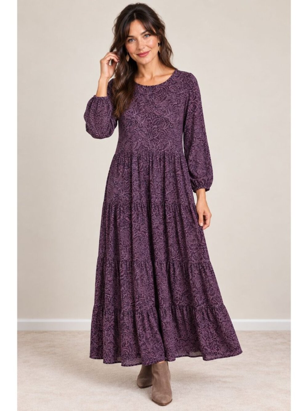 J Jill Women's Purple Paisley Long Sleeve Tiered Maxi Dress Size L Tall